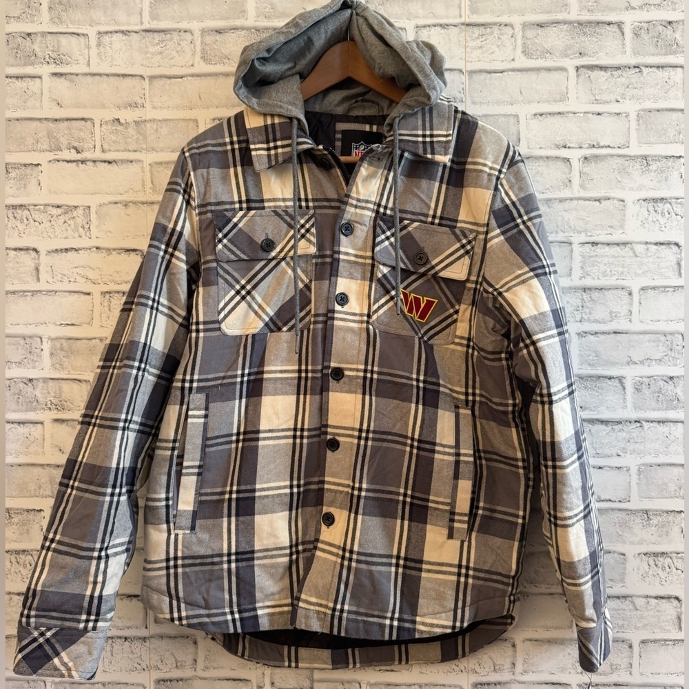 NWT Adult NFL Washington Commanders blue/white zip/button plaid flannel jacket S